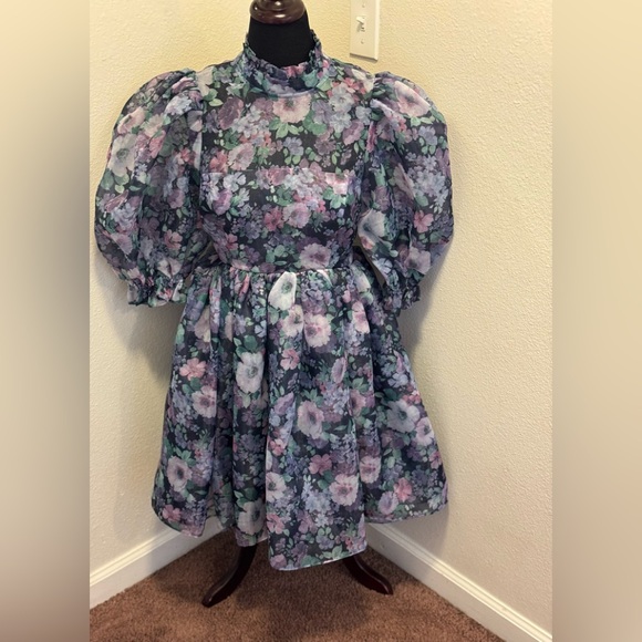 Selkie The Nirvana Royal Puff Sleeve Dress Fit Flare Chiffon Secret Garden M NEW - Picture 2 of 13